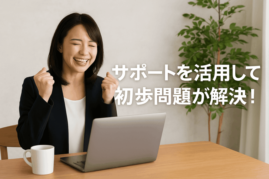 eラーニングのサポートにより初歩問題が解決して喜んでいる30代女性の画像