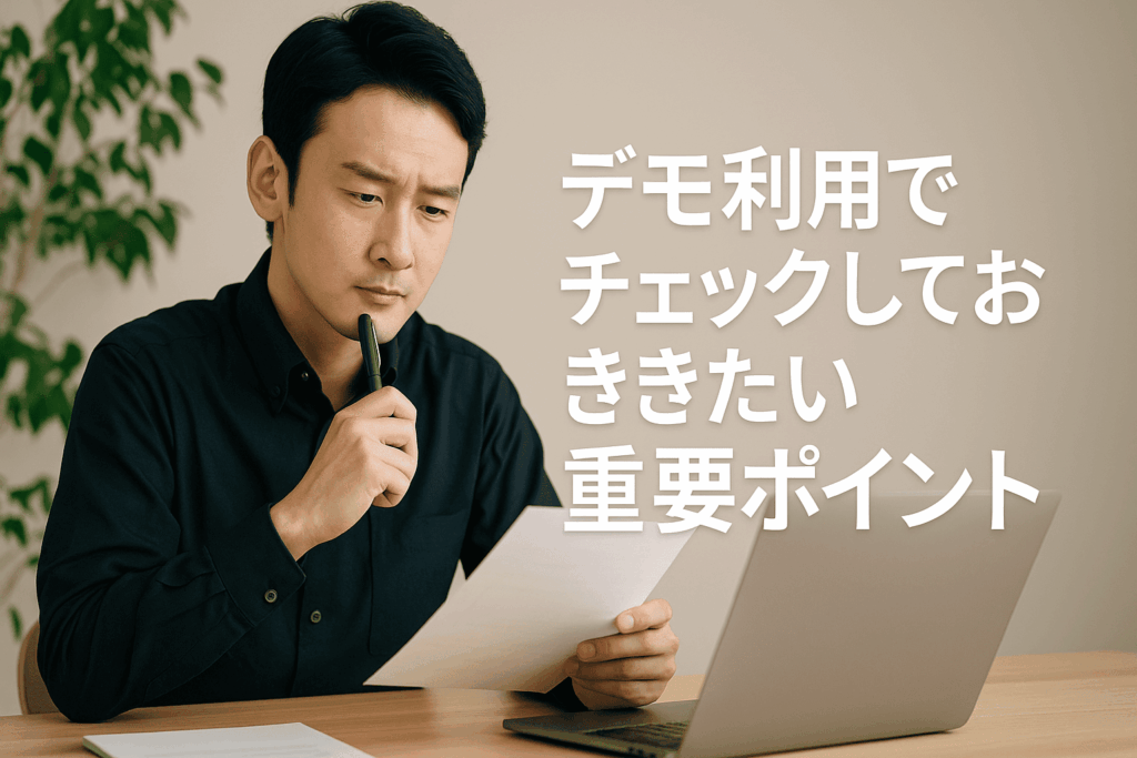 eラーニングのデモ環境でチェック項目を確認している教育DX部門の40代男性の画像