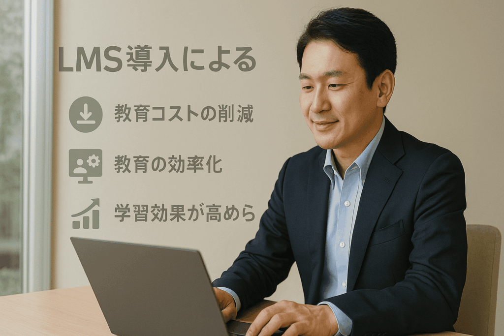 eラーニングのメリットを理解してシステム導入を決定した、教育DX責任者である40代男性の画像