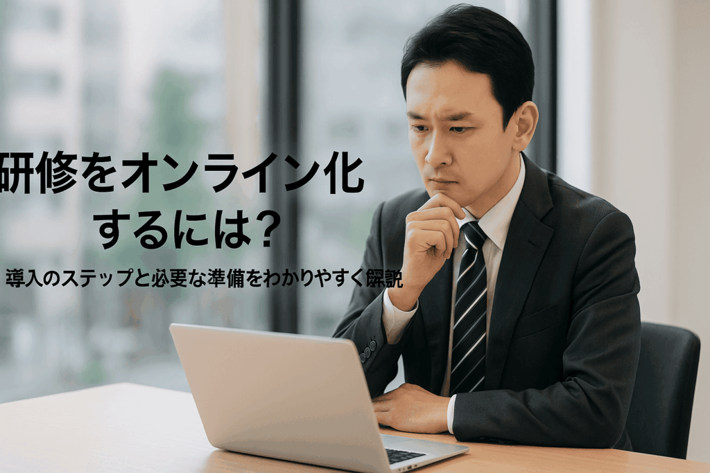 オンライン化をすることを決めてどの方針で進めていくかを検討している教育DX部門の40代男性の画像