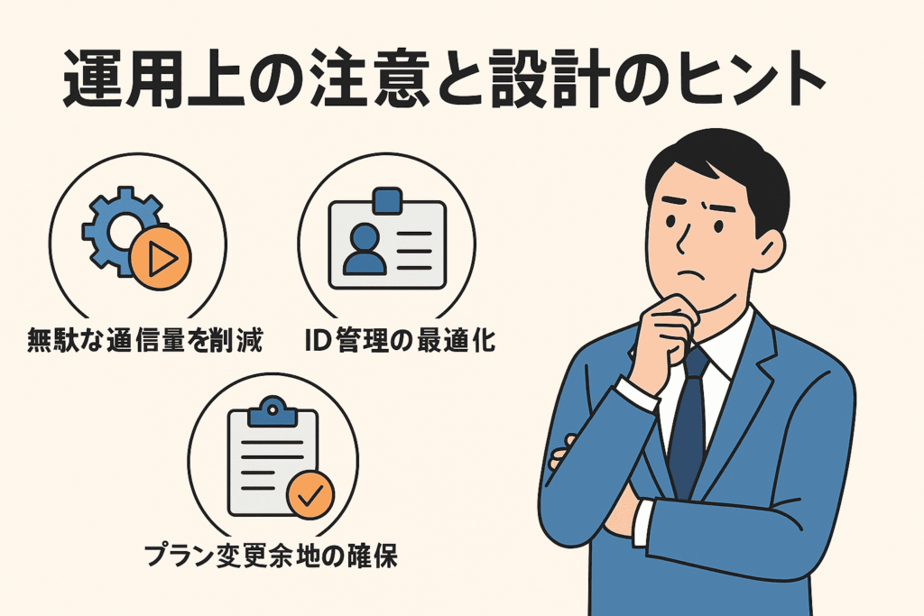 運用上の注意と設計のヒントを検討している教育DX部門の40代男性の画像