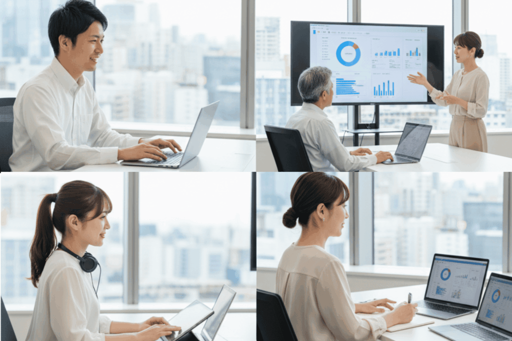 対面でのプレゼンテーションや、場所を選ばないオンライン学習など、ハイブリッド教育の実践シーンをまとめた4枚のビジネスイメージ。