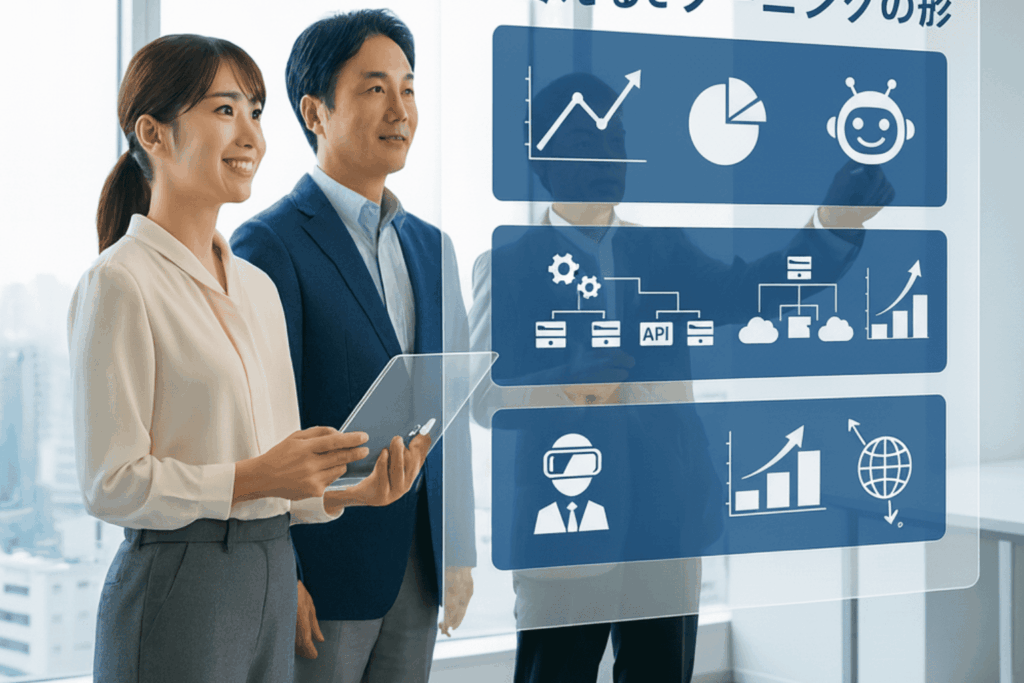 eラーニングの最新システム構成：AIロボット、API連携、VRデバイスなどのテクノロジー活用イメージをデジタルパネルで確認する男女の画像
