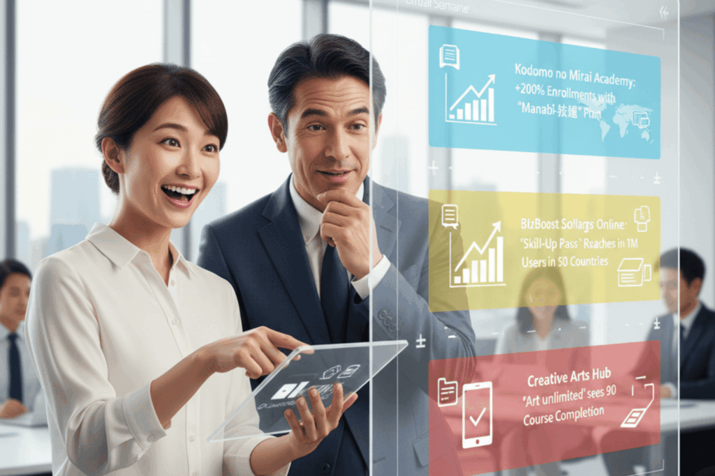 実績データをデジタルパネルで確認する男女の画像