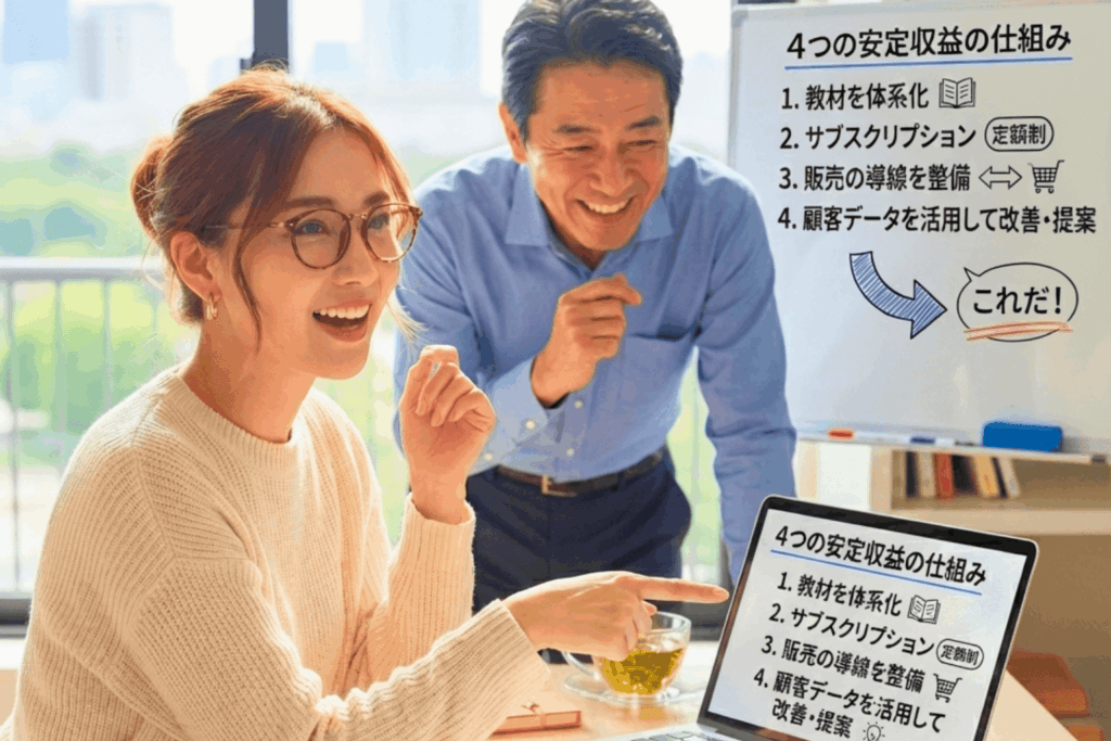 eラーニングで4つの安定収益を作る仕組み（教材の体系化、サブスクリプション、販売導線の整備、顧客データの活用）をホワイトボードで解説する男女の画像