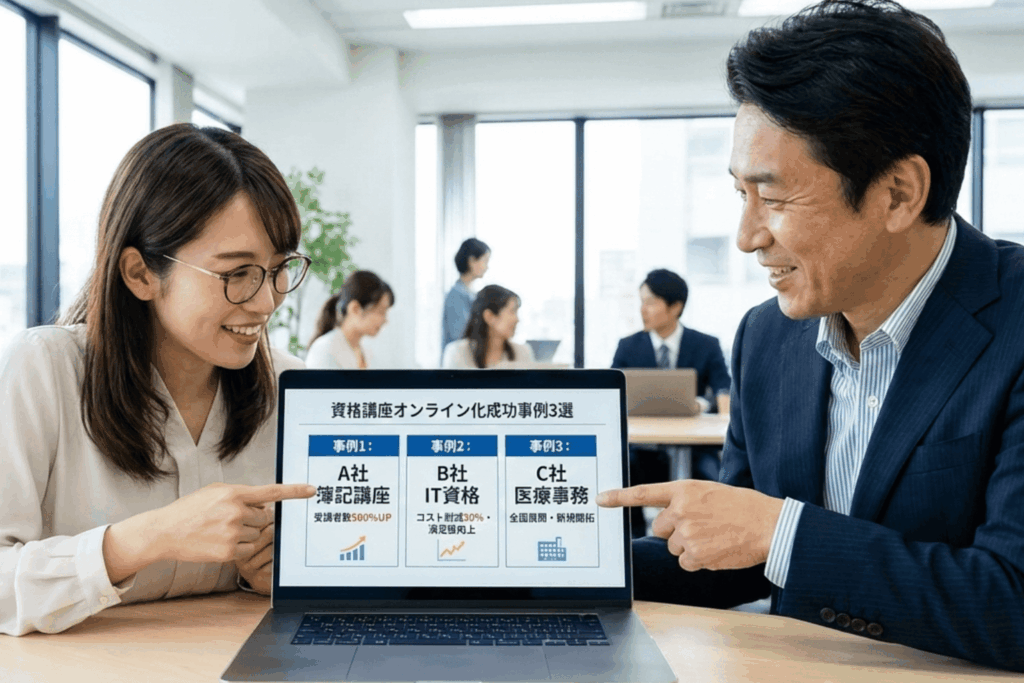 資格講座オンライン化の成功事例を知った情報システム部門のスタッフ達の画像