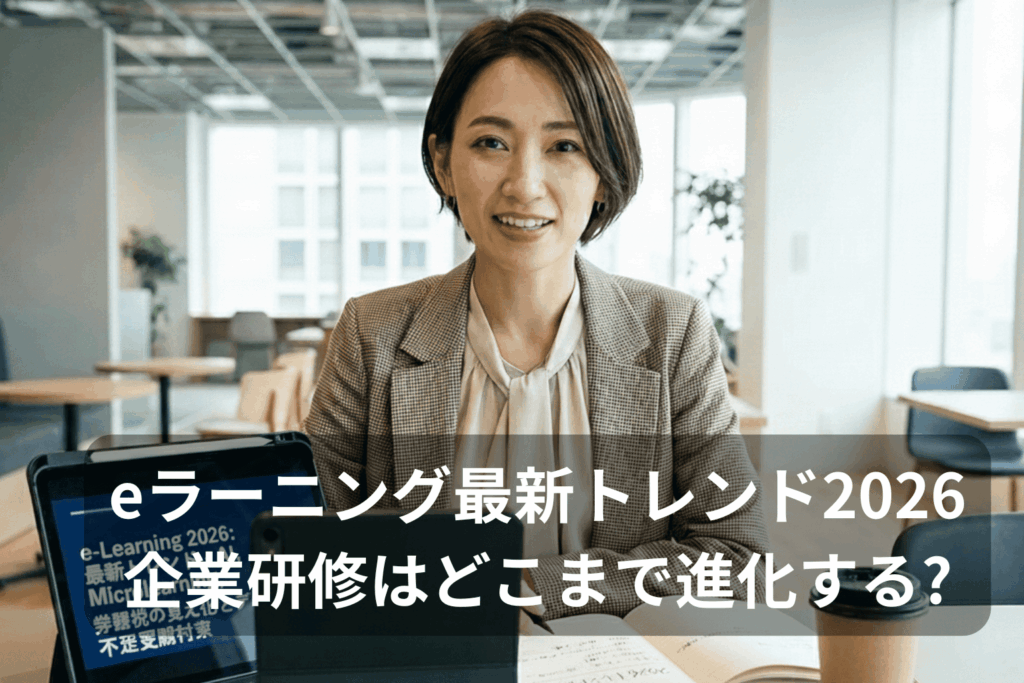 eラーニング最新トレンド2026について解説する企業の人事・教育関連の部署の30代女性の画像