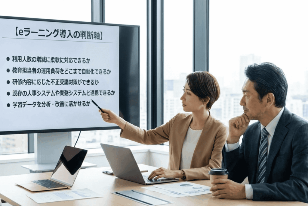 2026年に向けたeラーニング導入の判断軸について話し合う、企業研修にeラーニングを導入しようとしている人事・教育関連の部署の30代女性とその上司50代男性の画像