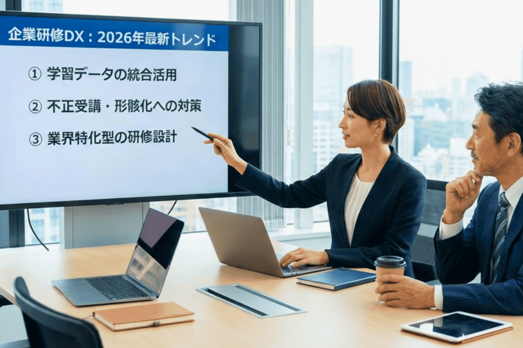 企業研修DXの最新トレンド3つ（学習データ統合活用、不正受講対策、業界特化型設計）をプレゼンテーションするビジネスパーソン