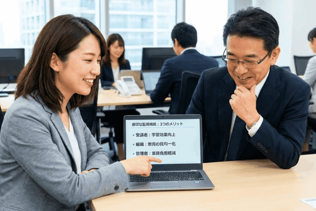 ノートPCで「適切な監視機能:3つのメリット(受講者の学習効果向上、組織の教育の質均一化、管理者の業務負担軽減)」を指し示しながら、笑顔で打ち合わせをする女性社員と上司。