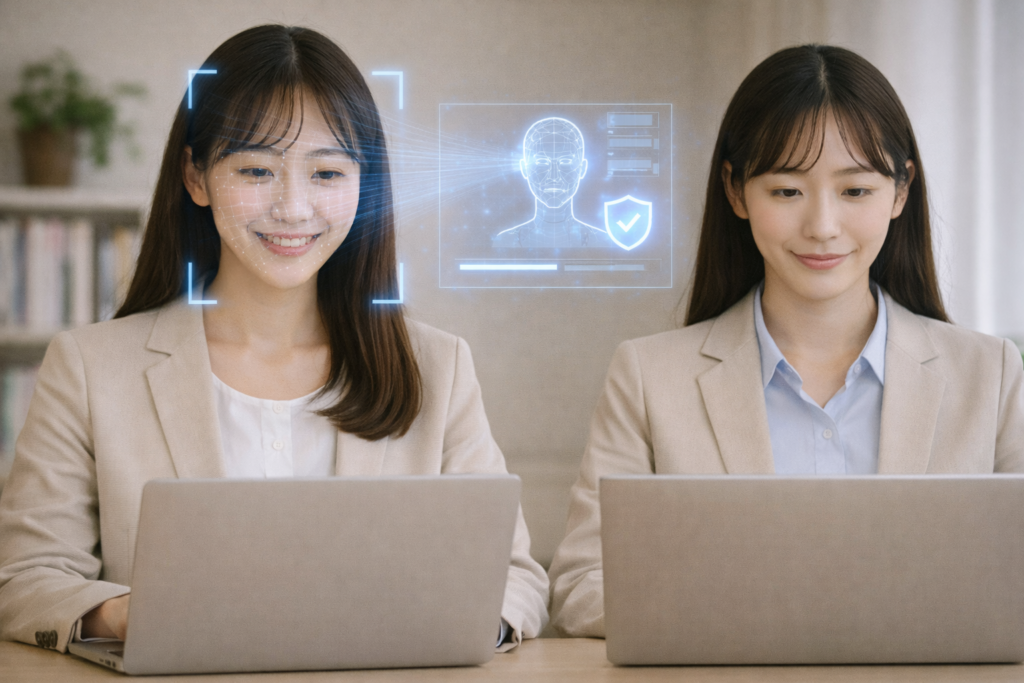 顔認証をしながらeラーニングを受講する女性の画像