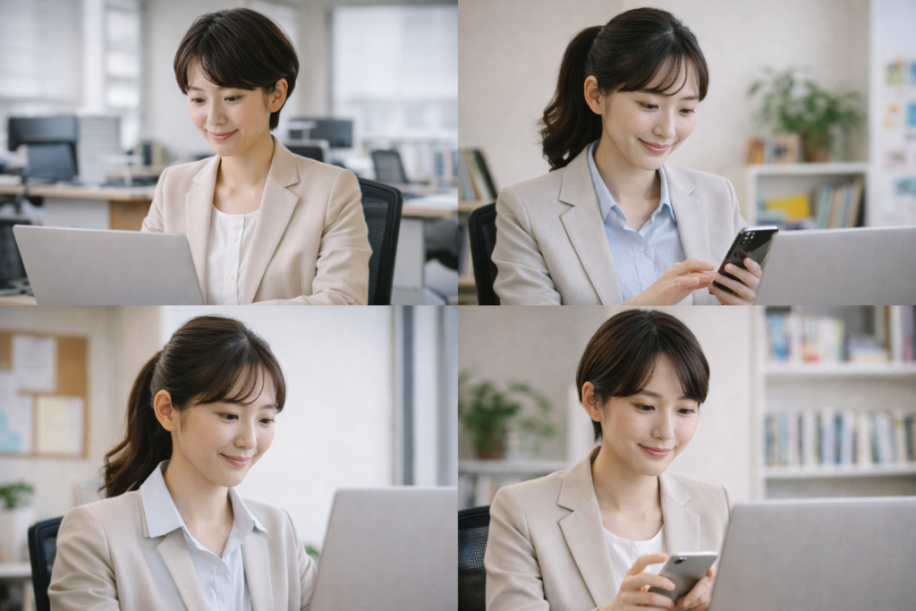 時間や場所を問わずさまざまなスタイルでeラーニングを受講しているイメージ