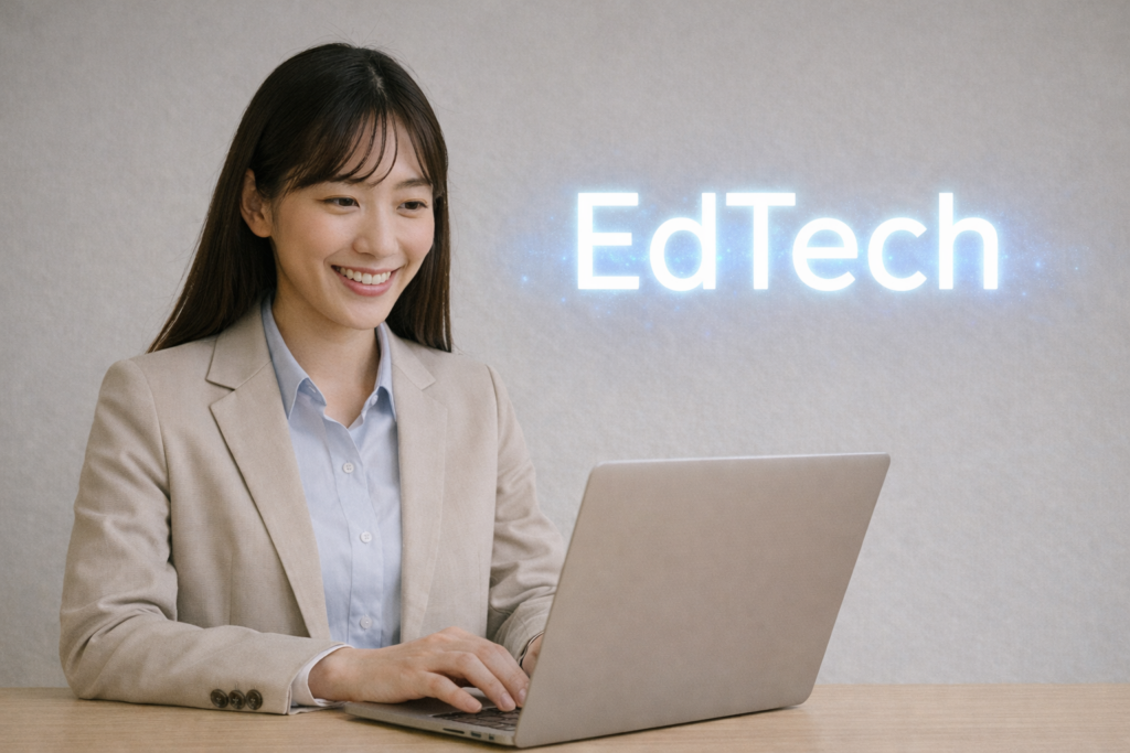 最新のeラーニングのEdTech技術を学習している教育DX部門の30代女性の画像