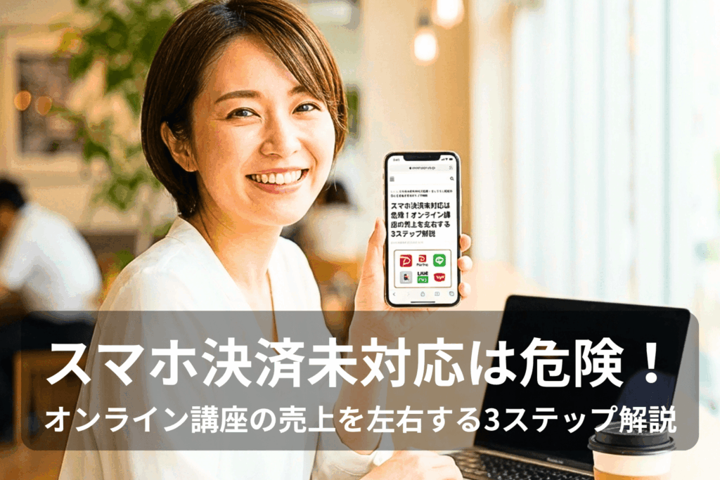 スマホ決済の重要性とスマホ決済がオンライン講座の売上にかかわる理由・ステップを解説する、スマートフォンを手にした笑顔の30代の女性社員