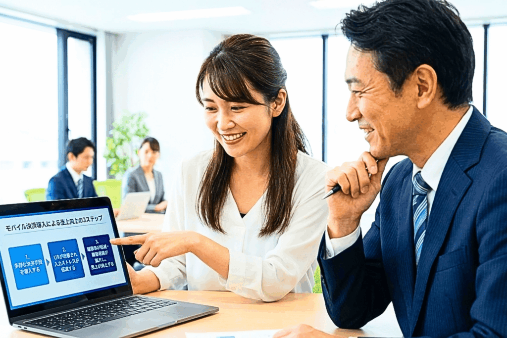 モバイル決済導入による売上向上の3ステップをノートPCで確認し、笑顔で打ち合わせをする女性社員と上司。