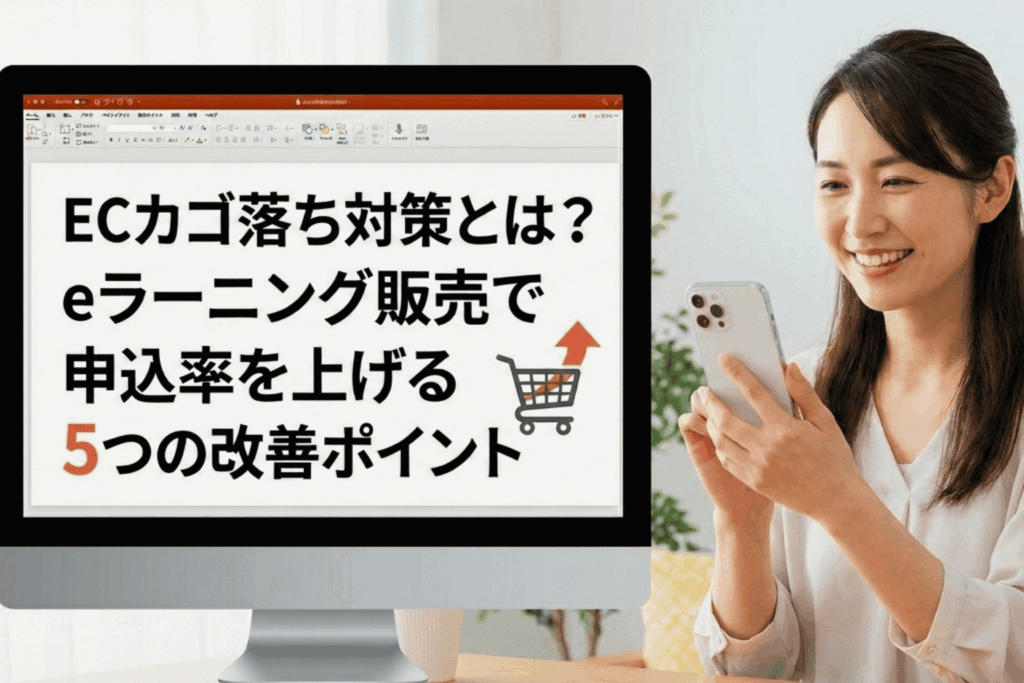 ECカゴ落ち対策とeラーニング販売の申込率改善をテーマにしたブログのアイキャッチ画像。パソコン画面にタイトルとカートのアイコンが表示され、女性がスマートフォンを操作している様子。