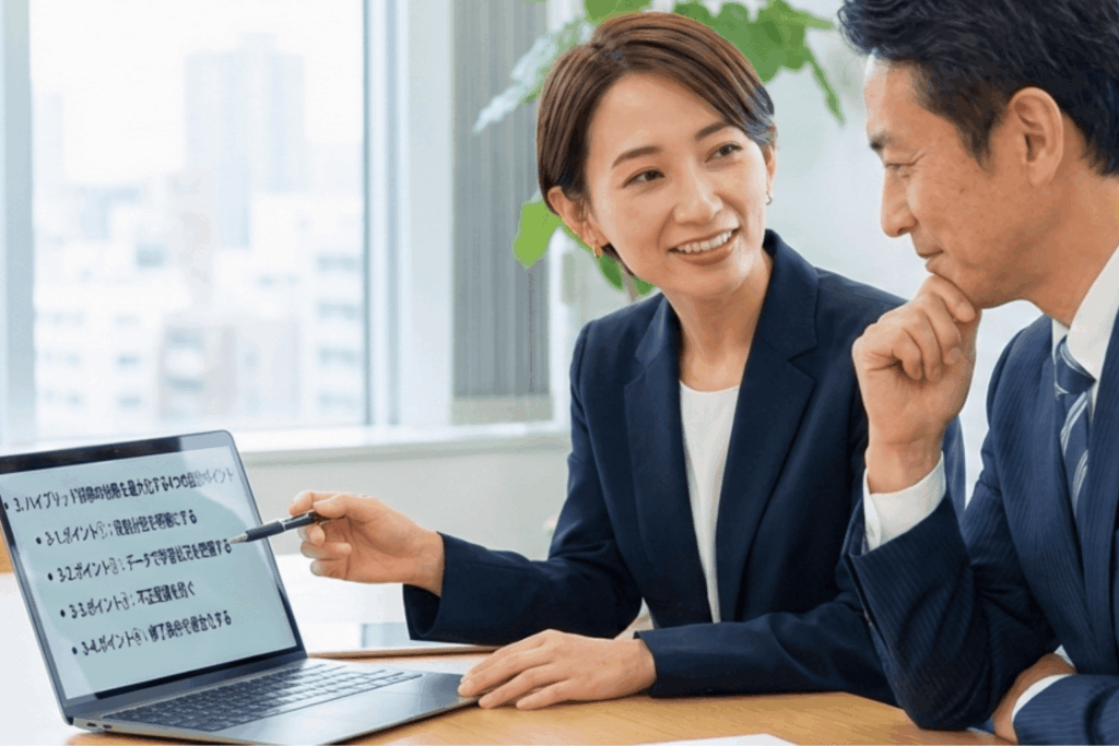 ハイブリッド研修の4つの設計ポイント（役割分担・データ活用・不正受講防止・修了条件の複合化）を画面で説明する女性社員と確認する男性社員。