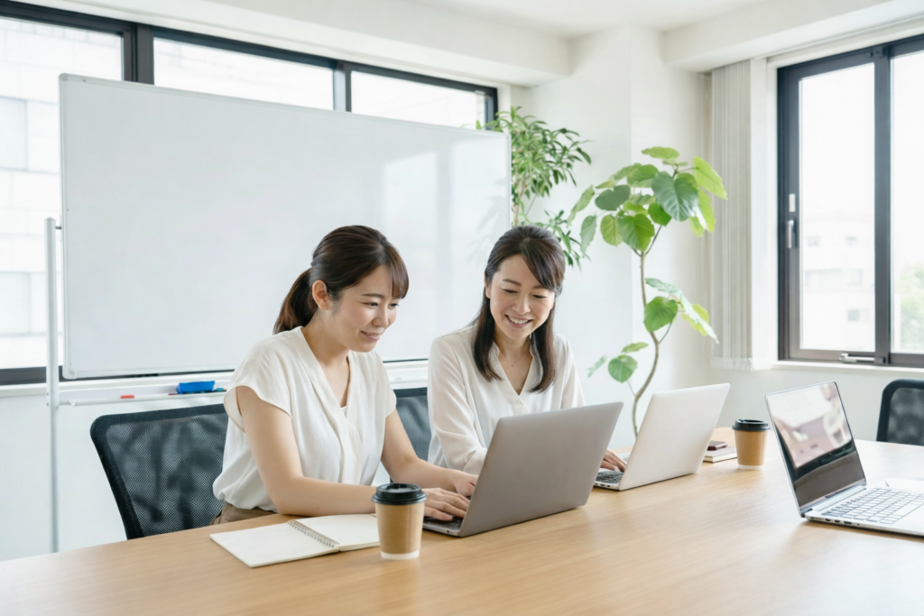 オフィスの会議室で3Dセキュアによるカゴ落ち対策を相談する30代担当者と上司の女性