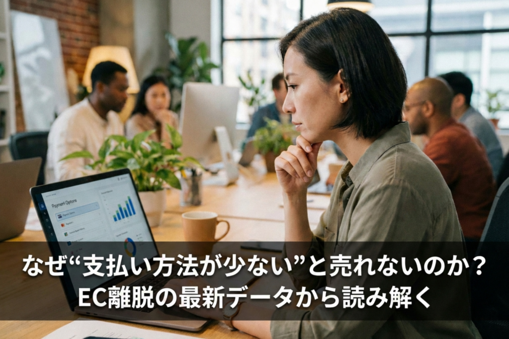 オフィスで自社ECサイトの決済方法を増やすか検討している30代後半の女性社員。