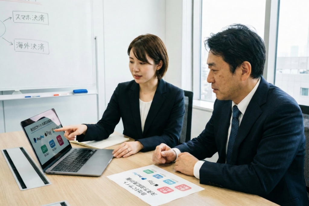 スマホ決済導入でユーザの離脱率が減少したことを確認している資格スクール担当者達の画像