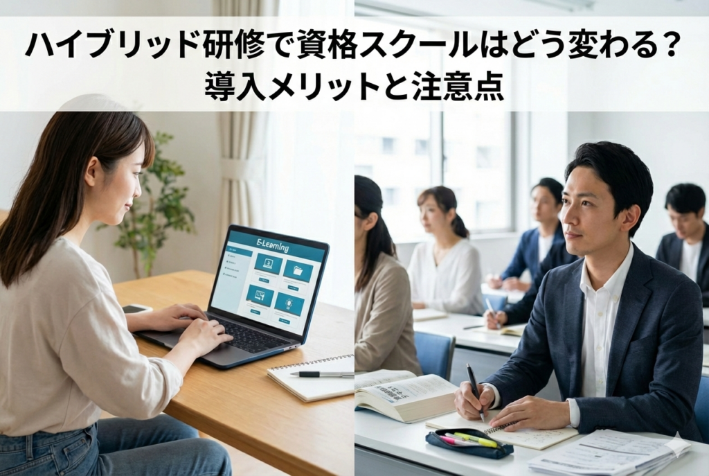 自宅で資格講座のeラーニングをする女性と、対面型の集合授業に参加して学ぶ男性