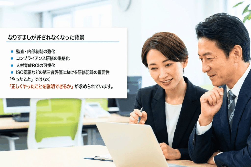 `監査強化・コンプライアンス厳格化などeラーニングなりすましが許されなくなった背景を確認するビジネスパーソン2名`