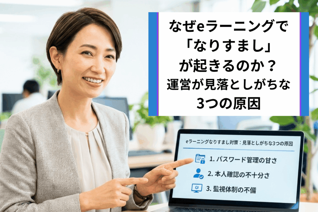 `eラーニングのなりすまし受講を解説する女性講師とパスワード管理・本人確認・監視体制の3つの原因を示したスライド`