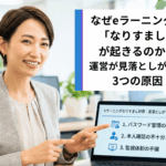 `eラーニングのなりすまし受講を解説する女性講師とパスワード管理・本人確認・監視体制の3つの原因を示したスライド`