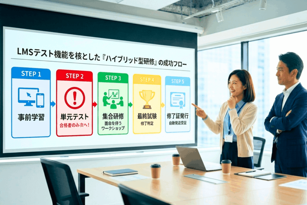 eラーニングと集合研修を組み合わせた「ハイブリッド型研修」の成功フローを閲覧する、30代女性担当者と上司。LMS（学習管理システム）のテスト機能を核にした事前学習から単元テスト、修了証発行までの5ステップを示し、研修効果を最大化する運用の具体例を紹介。