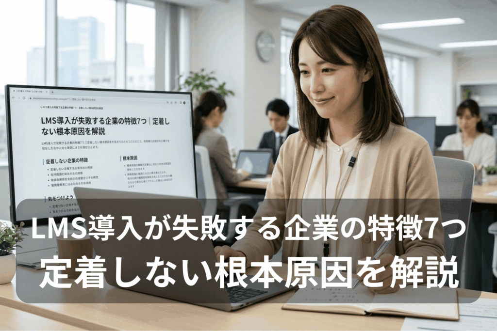 LMS導入の失敗を防ぐための7つの特徴と根本原因を解説するスライド。企業の管理部門で働く女性が、自社の研修運用を見直すためにパソコンでeラーニングの定着ポイントや改善策を真剣に確認しているシーン。