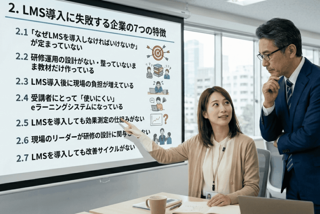 LMS導入に失敗する企業に共通する7つの特徴をまとめたリスト。目的の不明確さや運用設計の不足、受講者の使いにくさなど、eラーニング導入を成功させるために解決すべき根本原因を上司と部下で分析している。eラーニング導入の失敗を回避するためのチェックリスト。現場の負担増や改善サイクルの欠如といった課題に対し、管理部門の担当者がLMSの選定基準や研修フローの再構築を真剣に検討しているビジネスシーン。