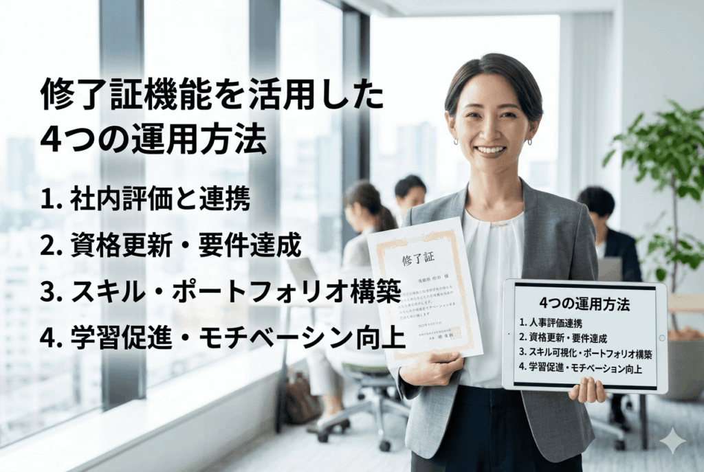 修了証機能を活用した運用方法で社内研修DXを推進する30代女性の画像