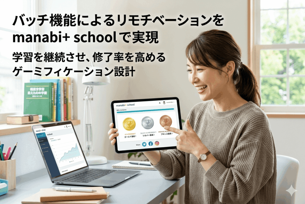 eラーニング講座を頑張って受講してメダルが揃ったことに喜ぶ30代女性の画像