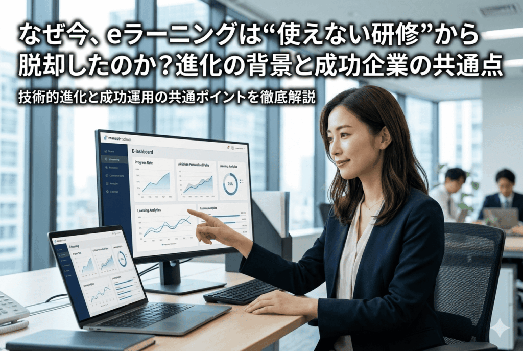 eラーニングの進化の背景と成功企業の共通点を調査している教育DX部門の30代女性の画像