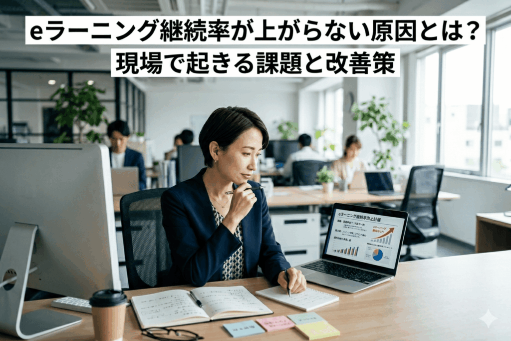 eラーニング継続率を上げるための施策を考案する女性社員