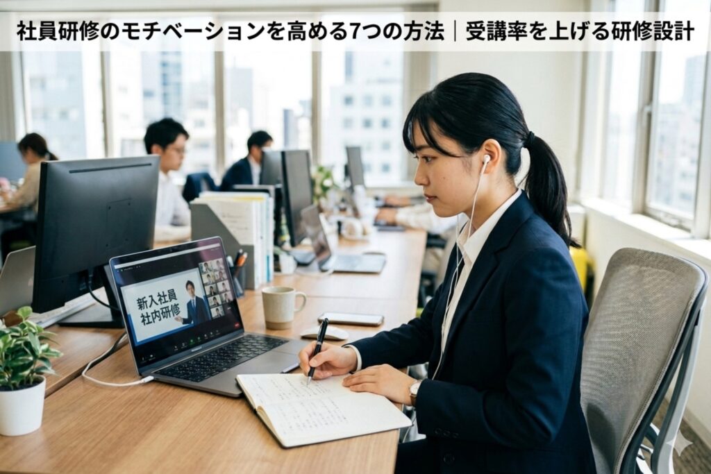 eラーニングで社員研修の動画を視聴する新入社員の女性