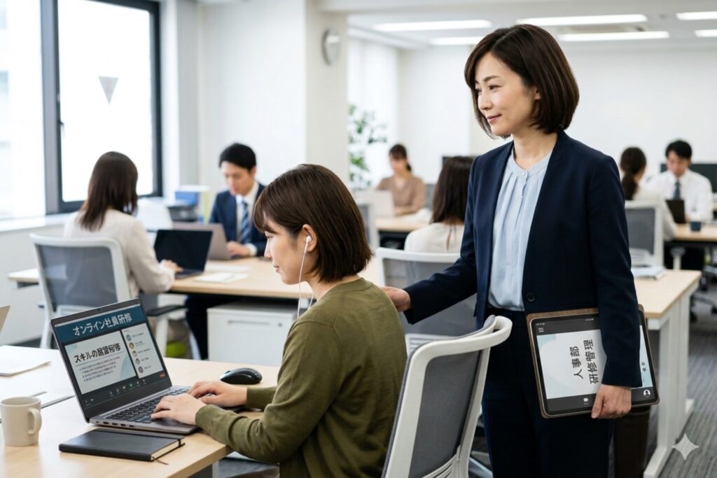 オンラインで社員研修を受ける中間管理職の女性と人事部の女性社員
