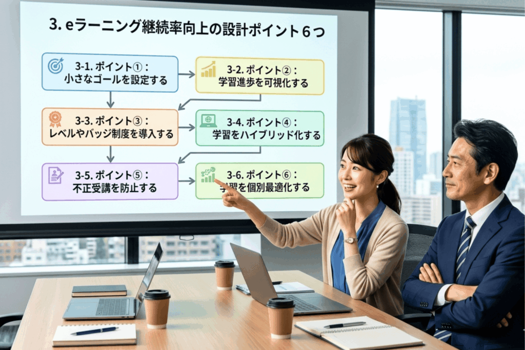 eラーニング継続率向上のための6つの設計ポイントを示すフローチャート。小さなゴール設定、進捗可視化、バッジ制度、ハイブリッド化、不正受講防止、個別最適化の流れをビジネスパーソンがスクリーンで確認している様子