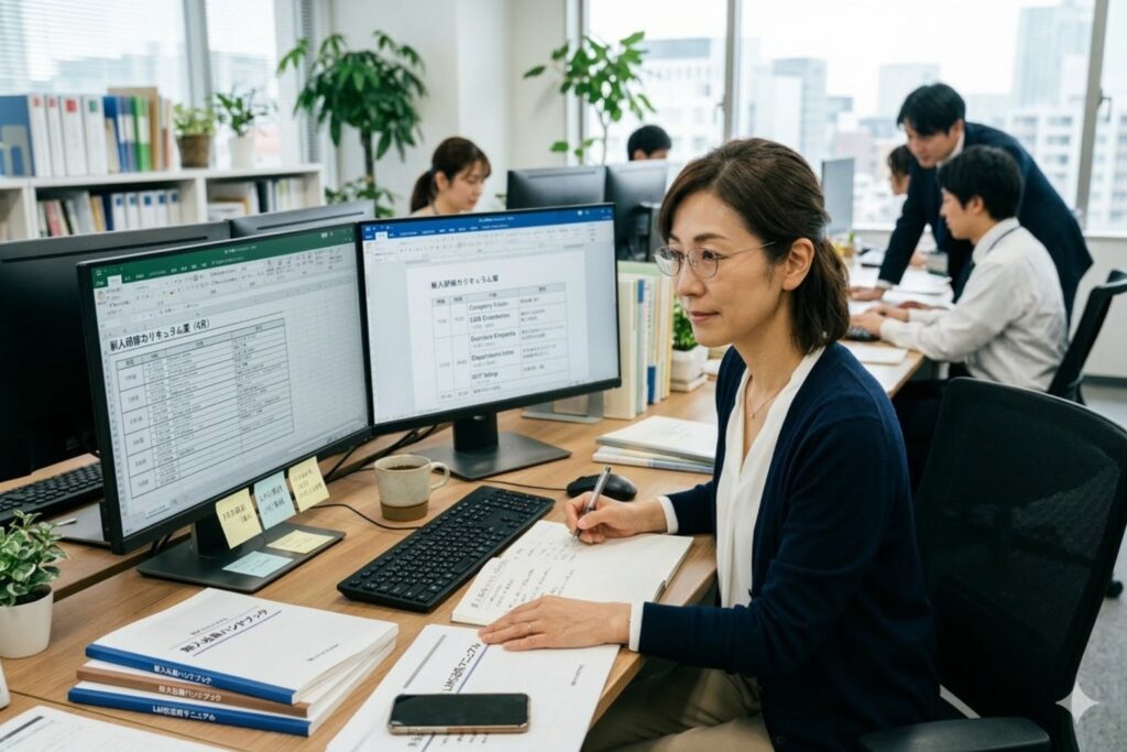 新人研修のカリキュラム設計を行う人事部女性社員