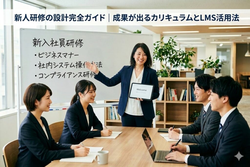 集合型の新人研修を実施している人事部女性社員と、参加している4名の新入社員