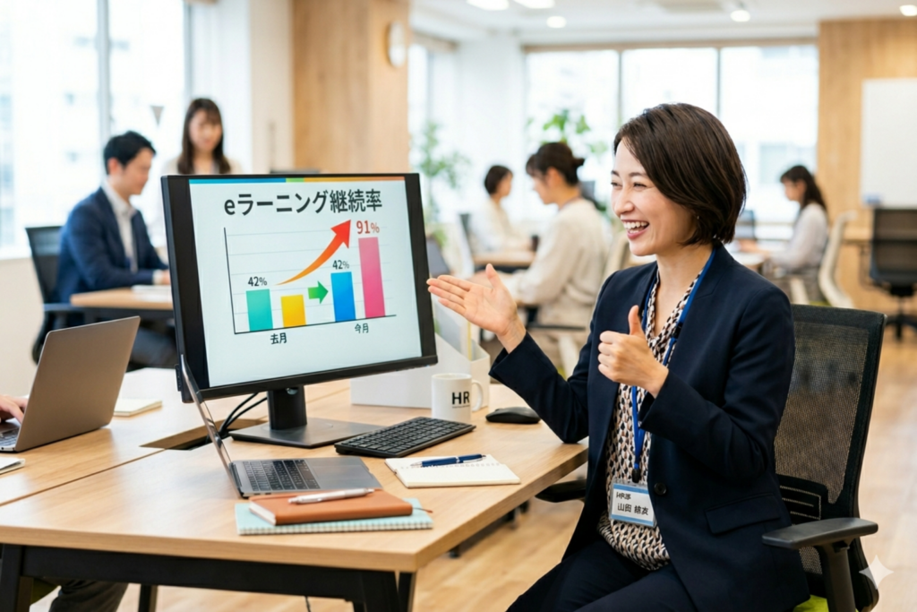 eラーニング継続率向上に喜ぶ人事部女性社員