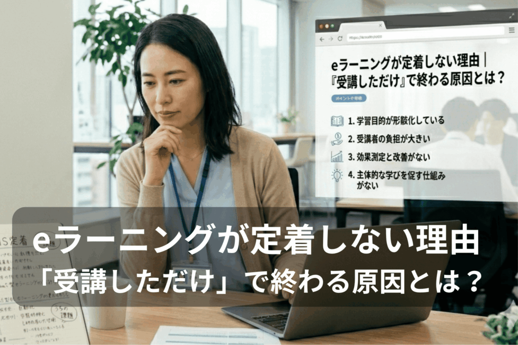 eラーニングが定着しない理由を考えながらパソコンの画面を見つめる女性。画面には学習目的の形骸化や受講者の負担など、定着しない原因のポイントが表示されている