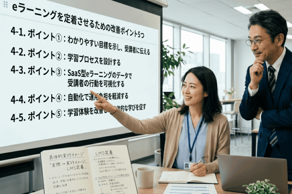 eラーニングを定着させるための改善ポイント5つをスクリーンに映し、目標設定や学習プロセス設計などの具体策を社内で共有しながら議論している様子