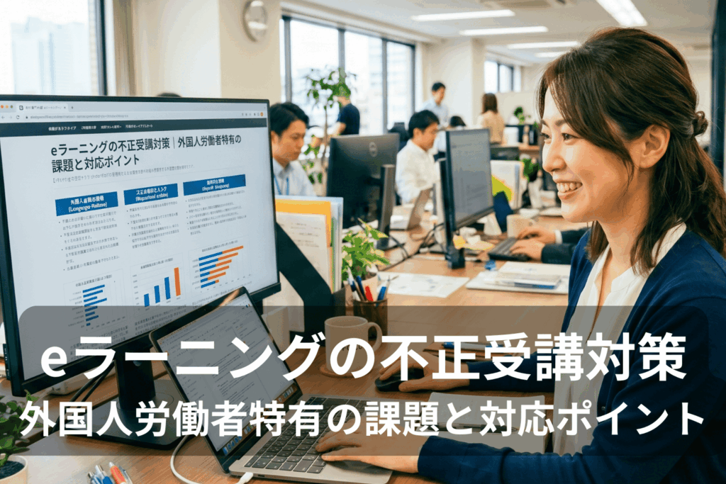 eラーニングの不正受講対策に関するデータをモニターに表示し、外国人労働者向けの研修管理について分析する人材育成管理部門の担当者