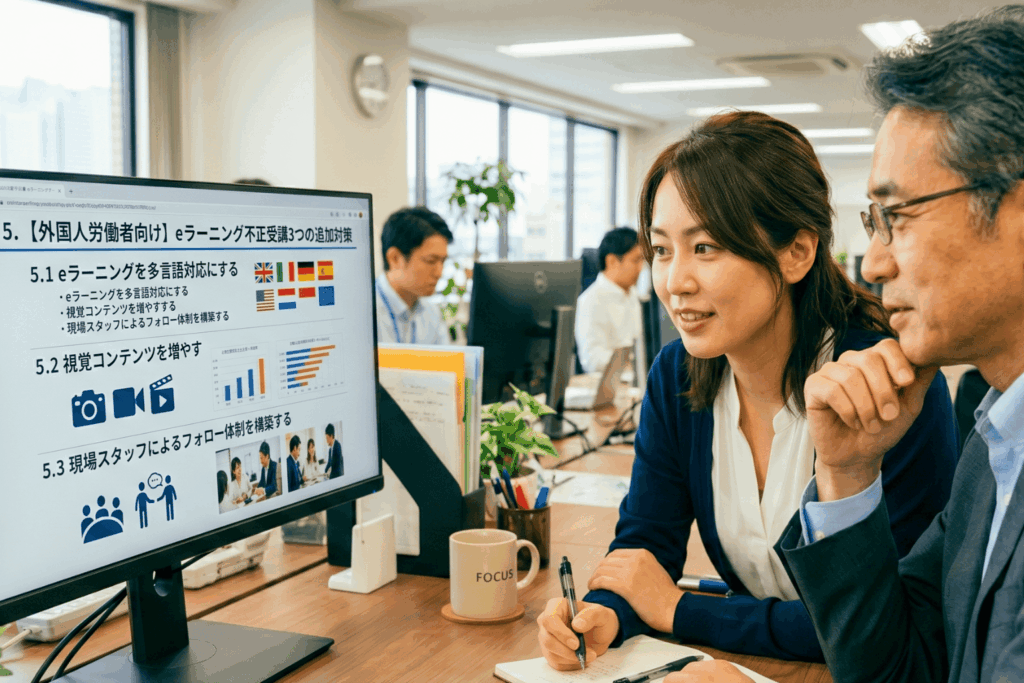 eラーニング不正受講の追加対策として、外国人労働者向けの多言語対応や視覚コンテンツ活用をモニターに表示し、人材・人財育成、人事部門の、管理部署の30代の女性担当者と上司の男性50代が対策を検討している