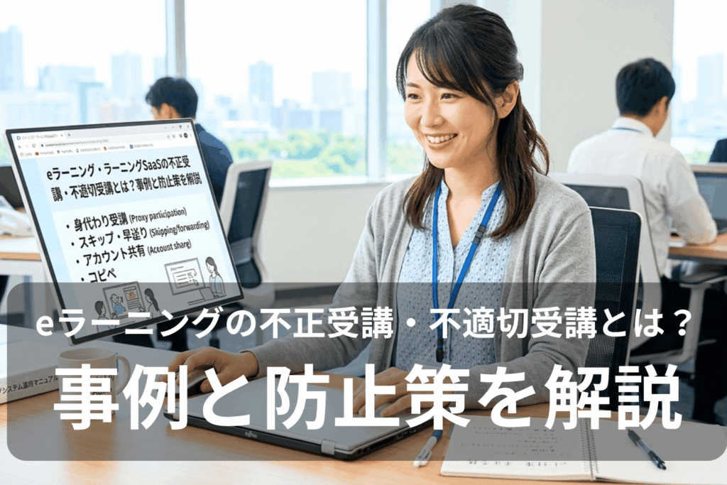 eラーニングの不正受講・不適切受講への対策を検討する企業の研修担当者。PCの画面にはスキップ・早送りや身代わり受講など、よくある不正受講の事例一覧が映し出されている。
