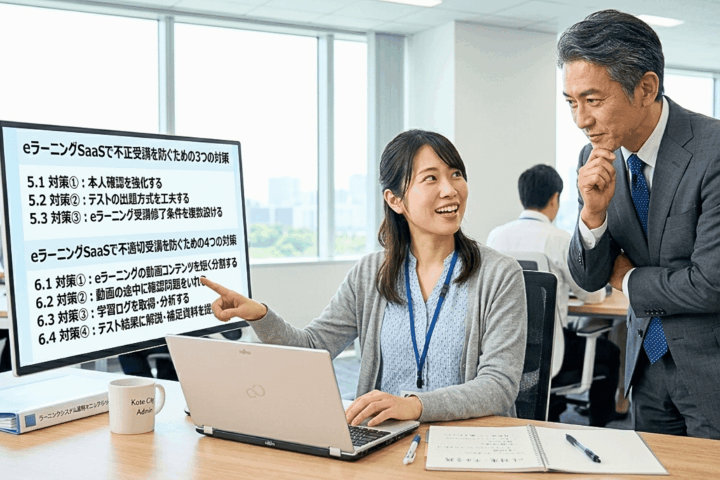 eラーニングSaaSの不正受講・不適切受講への対策について、研修担当者がモニターを使いながら上司へ報告している。画面には本人確認の強化や動画コンテンツの分割など具体的な防止策が並んでいる。