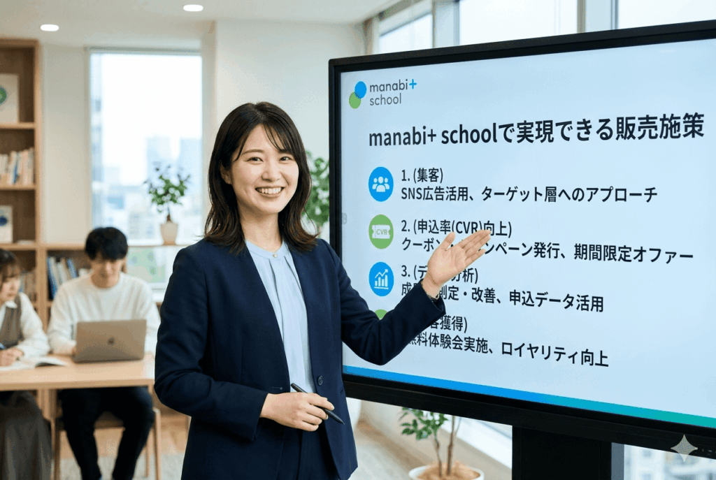 manabi+ schoolで販売戦略を練っている資格学校の担当30代女性の画像