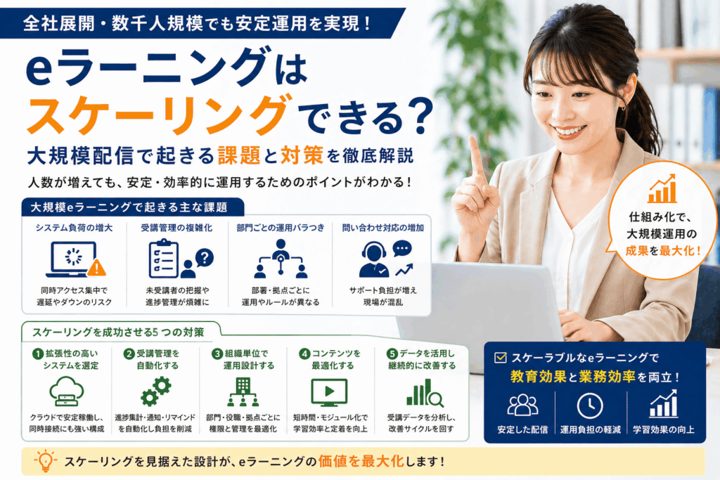 数千人を超える社員がいる企業で教育DX部門を担当し、システムのスケーリングを気にしている30代担当女性の画像
