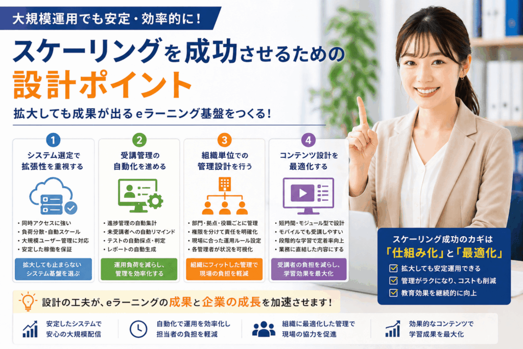 数千人の社内教育DX部門の担当者で、大規模運用に耐えられるmanabi+ schoolを見つけて仕組みを整理している30代女性の画像